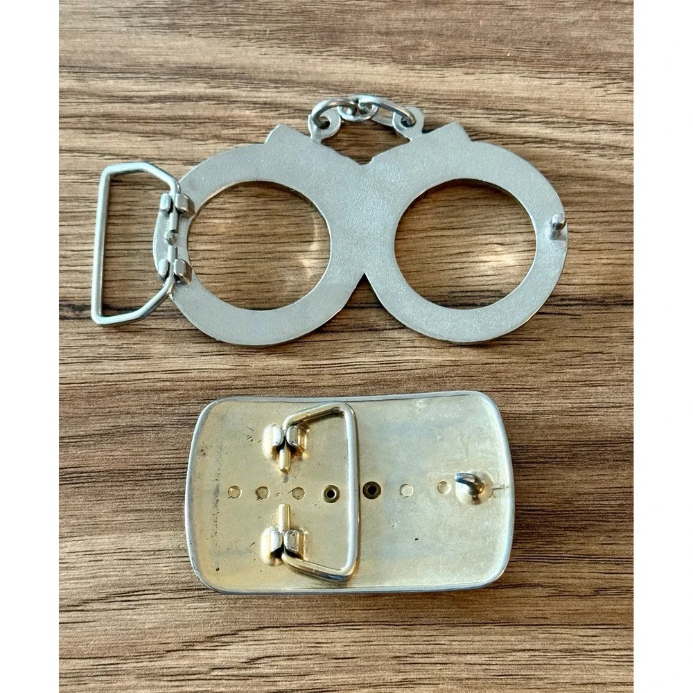 VTG Belt Buckle Lot Handcuffs Police Novelty Abalone Shell Western Silver Tone